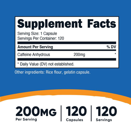 Nutricost Caffeine Pills 200Mg. 120 Capsulas