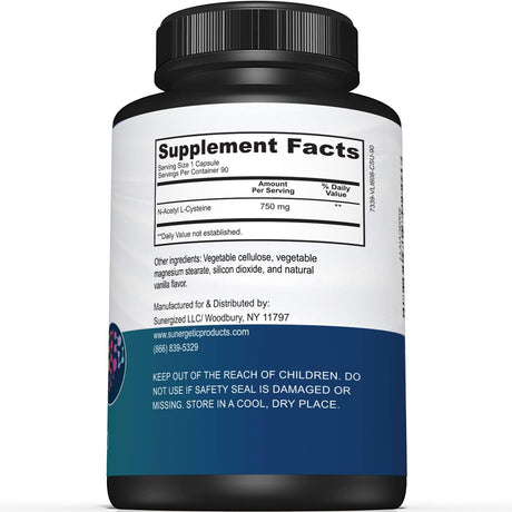 Sunergetic Premium NAC Supplement N-Acetyl Cysteine 750Mg. 90 Capsulas