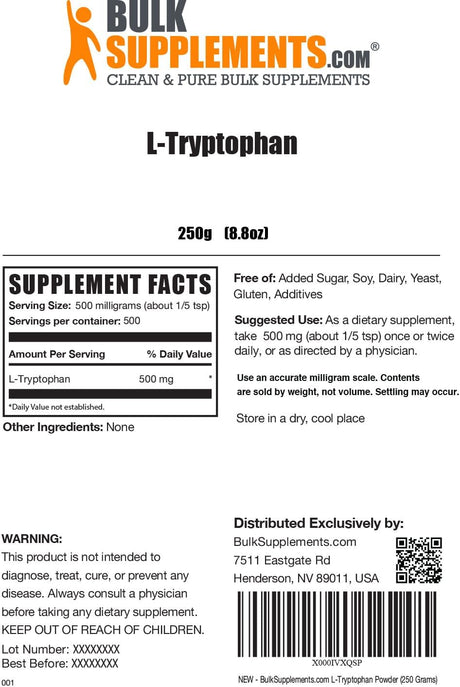 Bulk Supplements L-Tryptophan Powder 500 Servicios 250Gr.