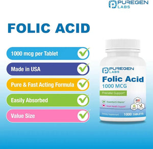 PUREGEN LABS - Puregen Labs Folic Acid 1000mcg 1000 Tabletas - The Red Vitamin MX - Suplementos Alimenticios - {{ shop.shopifyCountryName }}