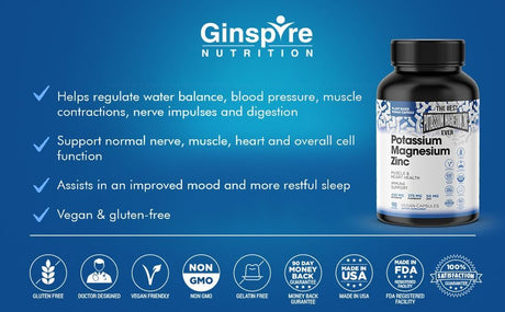 Ginspire Nutrition Potassium  Magnesium Supplements w/Zinc 90 Capsulas
