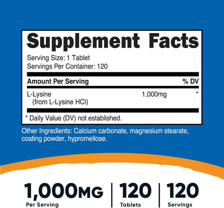 Nutricost L-Lysine 1000Mg. 120 Tabletas
