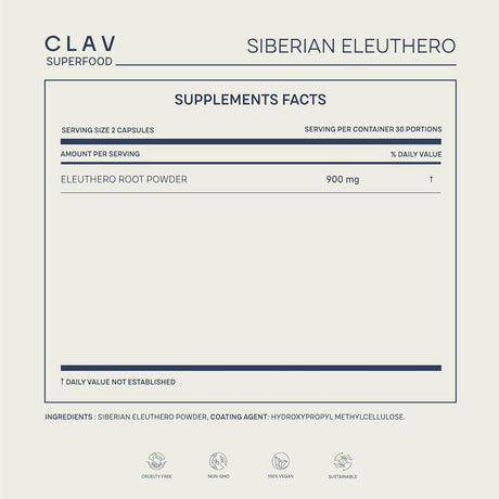 CLAV Siberian Ginseng 900Mg. Eleuthero Root Powder 60 Capsulas