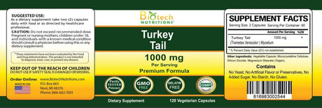 Biotech Nutritions Non-GMO Turkey Tail Mushroom 1000Mg. 120 Capsulas