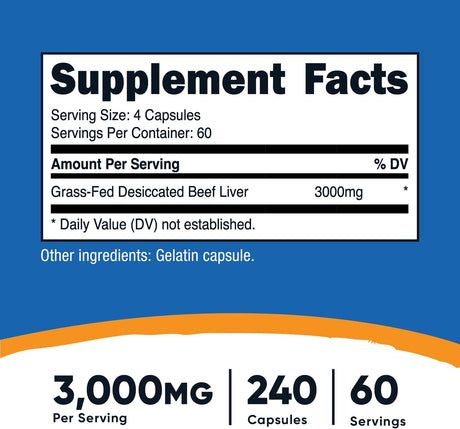 Nutricost Grass Fed Desiccated Beef Liver 3000Mg. 240 Capsulas