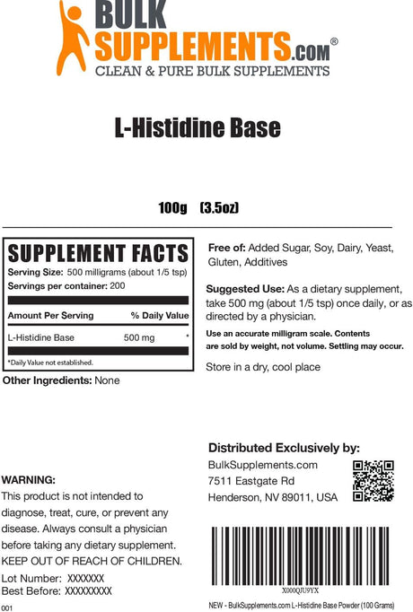 Bulk Supplements L-Histidine Powder 100Gr.