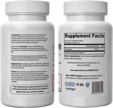 Superior Labs Pure L-Tryptophan 500Mg. 120 Capsulas