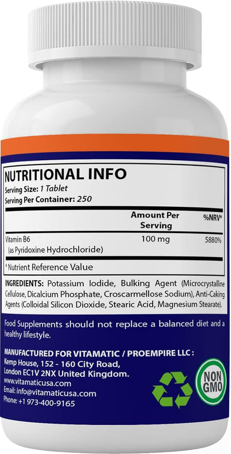 Vitamatic Vitamin B6 100Mg. 250 Tabletas