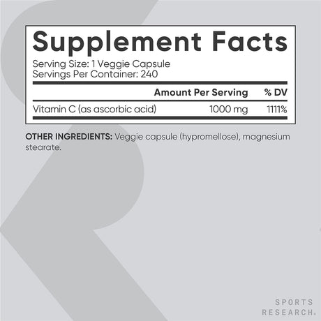 Sports Research High Potency Vitamin C 1000Mg. 240 Capsulas