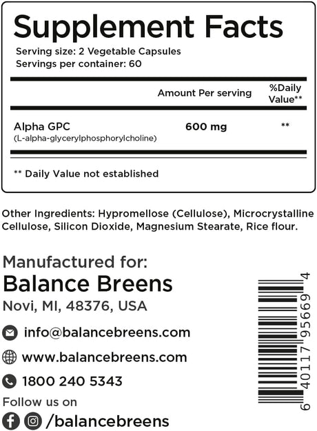 Balance Breens Alpha GPC Choline 600Mg. 120 Capsulas