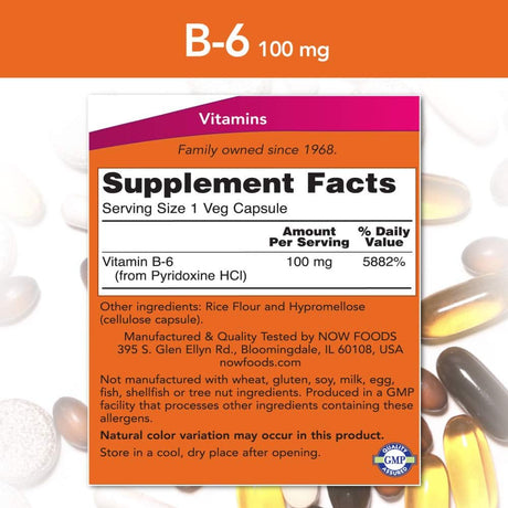 NOW Supplements Vitamin B-6 100Mg. 250 Capsulas