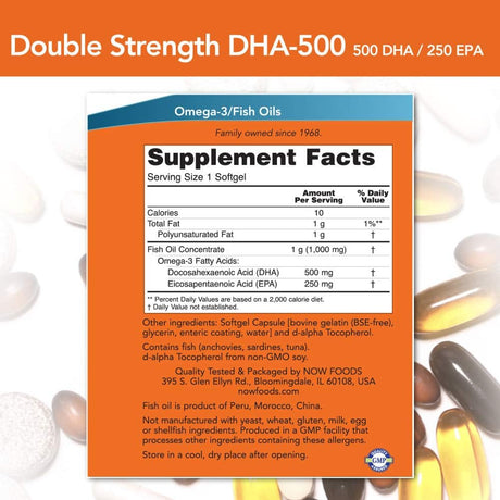 NOW Supplements DHA-500 with 250 EPA 180 Capsulas Blandas