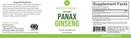 Antler Farms 100% Pure Organic Panax Ginseng Extract 500Mg. 180 Capsulas