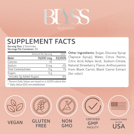 BLYSS Nutrition Biotin 10000mcg Hair Skin & Nails Gummies 60 Gomitas