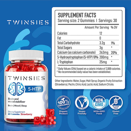 Twinsies 5-HTP Gummies 200Mg. with L-Tryptophan Supplement 60 Gomitas