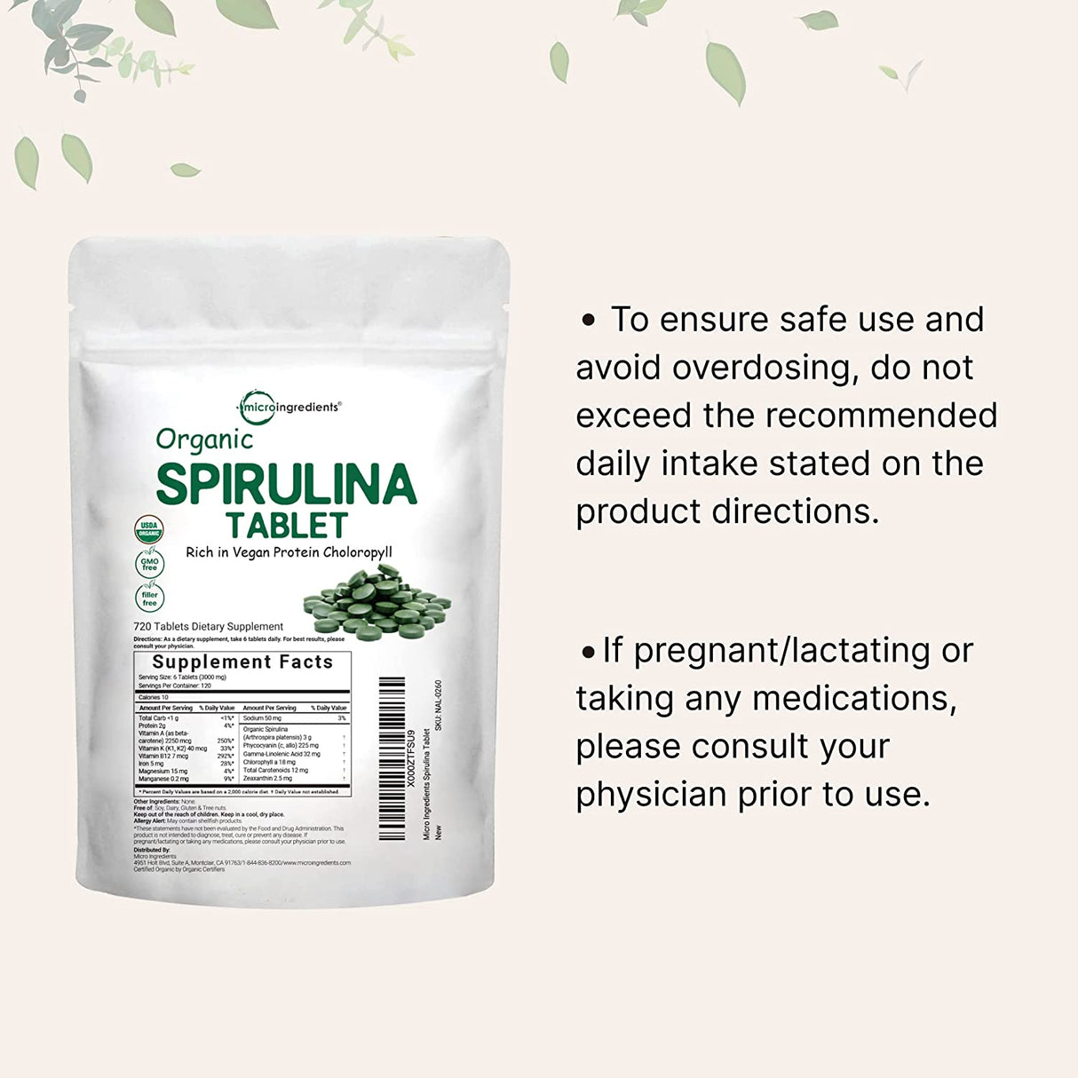  Micro Ingredients Suplemento orgánico de espirulina, 3000 mg  por porción, 720 tabletas (suministro de 4 meses), sin relleno y sin OMG,  rico en proteínas veganas, vitaminas y prebióticos, píldoras de 