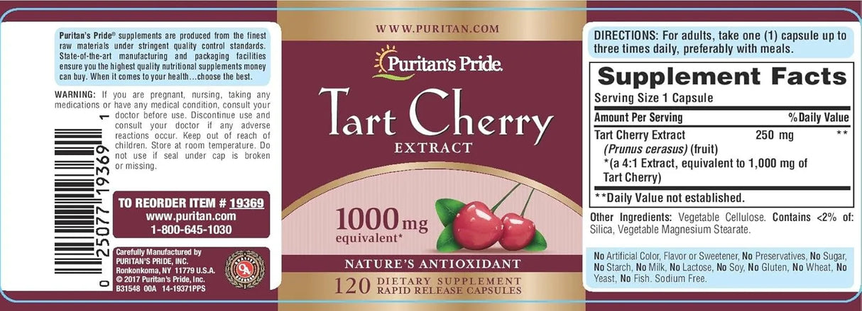 PURITAN'S PRIDE - Puritan's Pride Tart Cherry Extract 1000Mg. 120 Capsulas - The Red Vitamin MX - Suplementos Alimenticios - {{ shop.shopifyCountryName }}