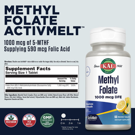 KAL Methyl Folate 1000mcg 5-MTHF Active Form 60 Tabletas