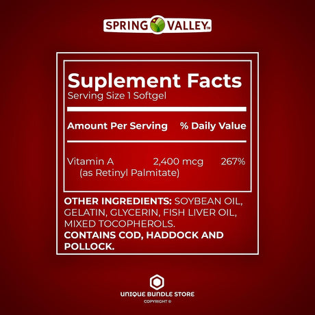 Spring Valley Vitamin A 2400mcg 250 Capsulas Blandas