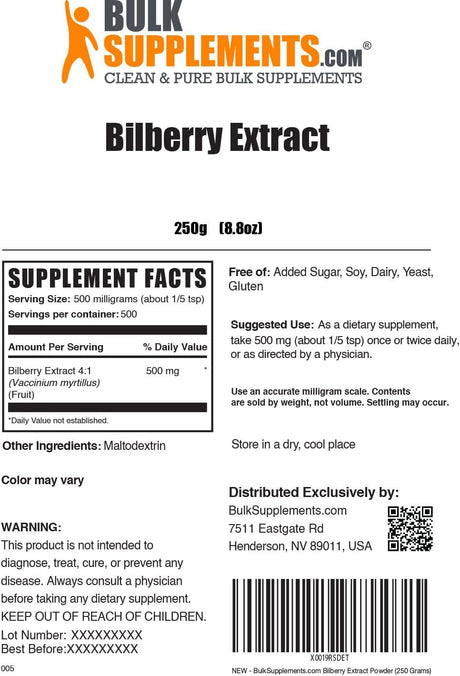 Bulk Supplements Bilberry Extract Powder 250Gr.