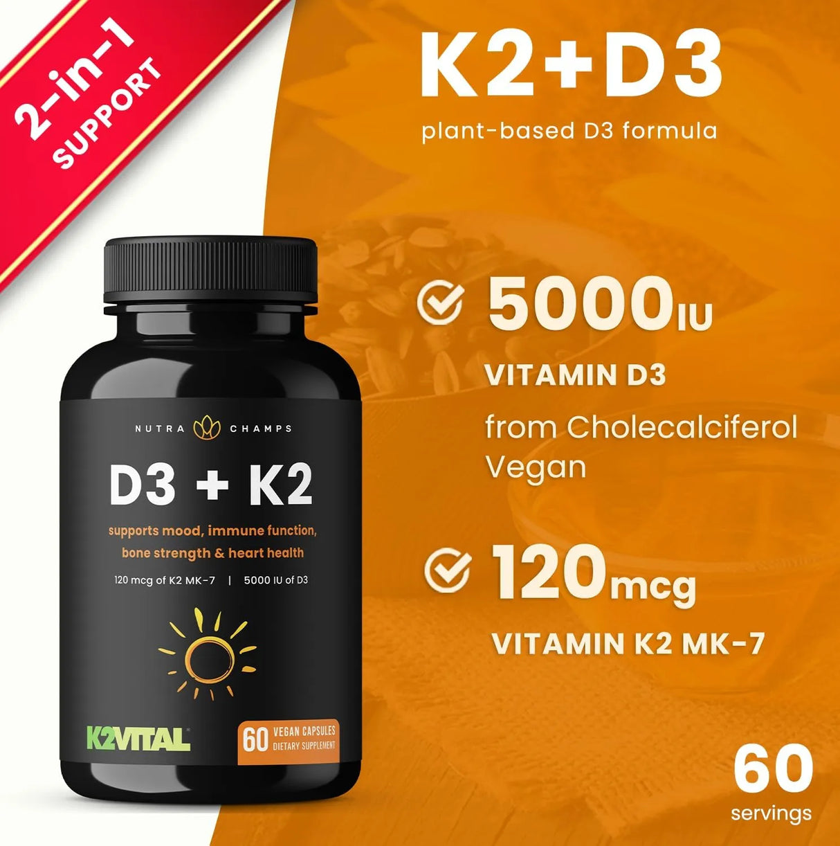 NUTRACHAMPS - NutraChamps D3 with K2 MK7 60 Capsulas - The Red Vitamin MX - Suplementos Alimenticios - {{ shop.shopifyCountryName }}