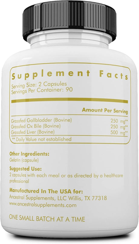 Ancestral Supplements Grass Fed Beef Gallbladder with Ox Bile and Liver 180 Capsulas