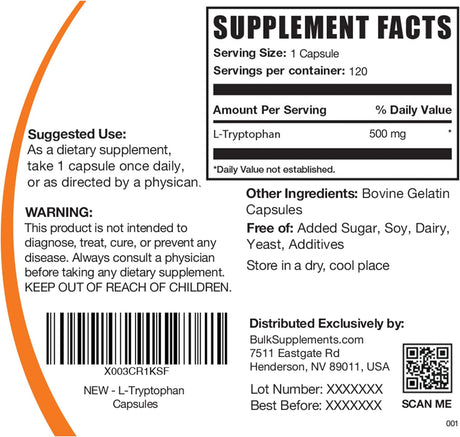 Bulk Supplements L-Tryptophan 500Mg. 120 Capsulas