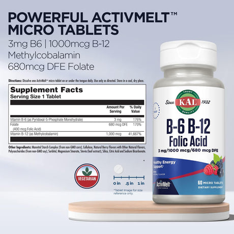 KAL Vitamin B-6 B-12 & Folic Acid 60 Tabletas