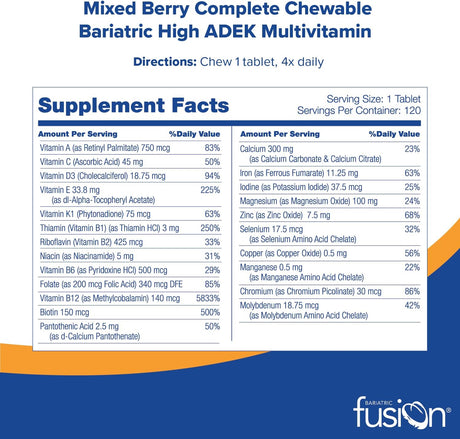 Bariatric Fusion Chewable Multivitamin with High ADEK Vitamins 120 Tabletas Masticables