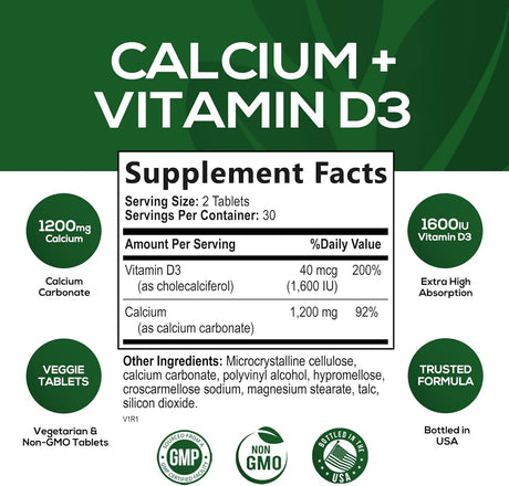 Nature's Nutrition Calcium Vitamin D3 1200Mg. 60 Tabletas