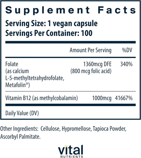 Vital Nutrients Vitamin B12 and Methylfolate 100 Capsulas