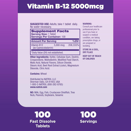 Natrol Vitamin B-12 5000mcg Strawberry-Flavored Fast Dissolve 100 Tabletas
