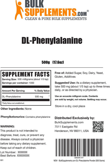 Bulk Supplements DL-Phenylalanine Powder 500Gr.