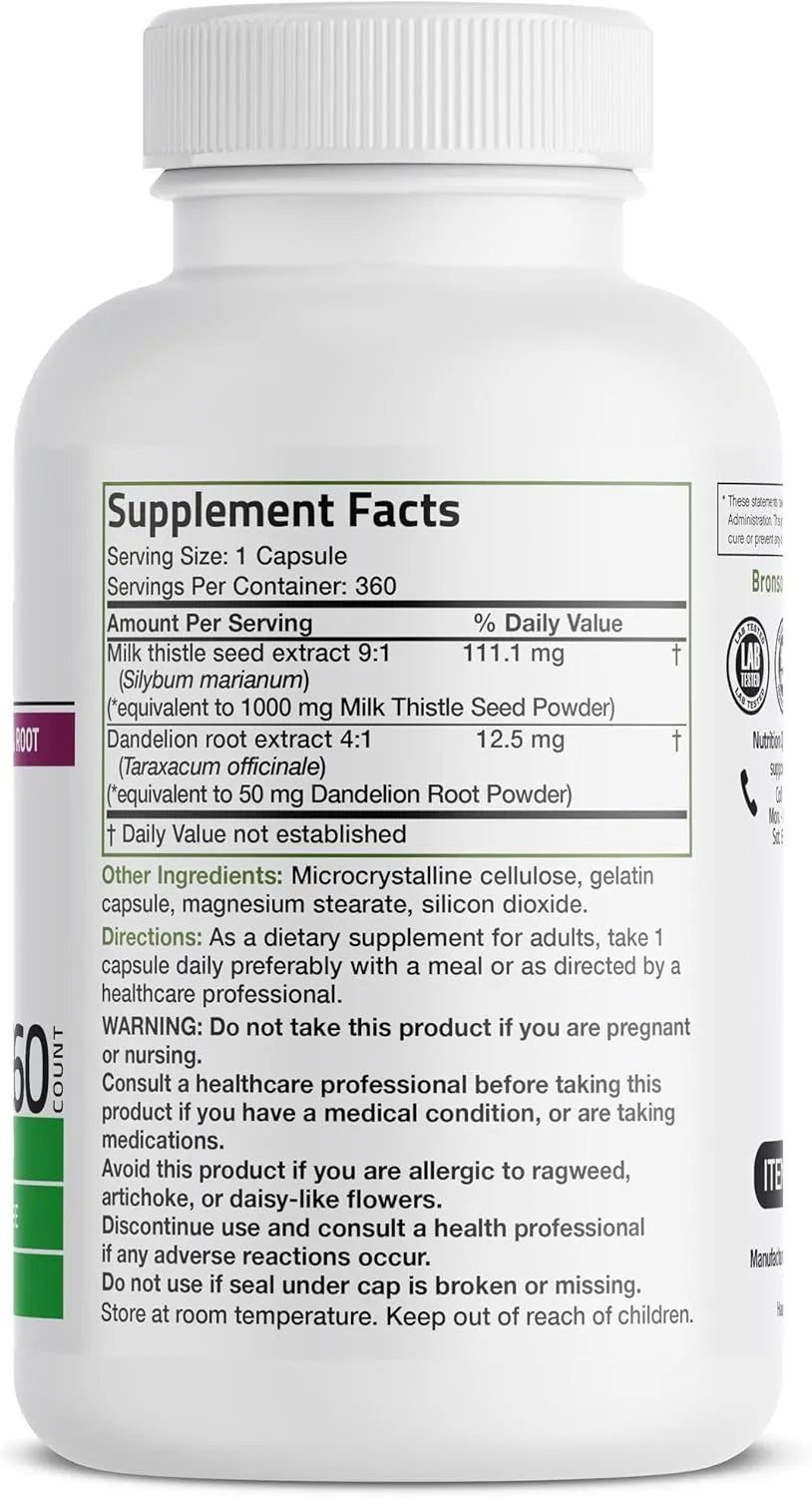 BRONSON - Bronson Milk Thistle Silymarin Marianum & Dandelion Root Liver Health Support 360 Capsulas - The Red Vitamin MX - Suplementos Alimenticios - {{ shop.shopifyCountryName }}