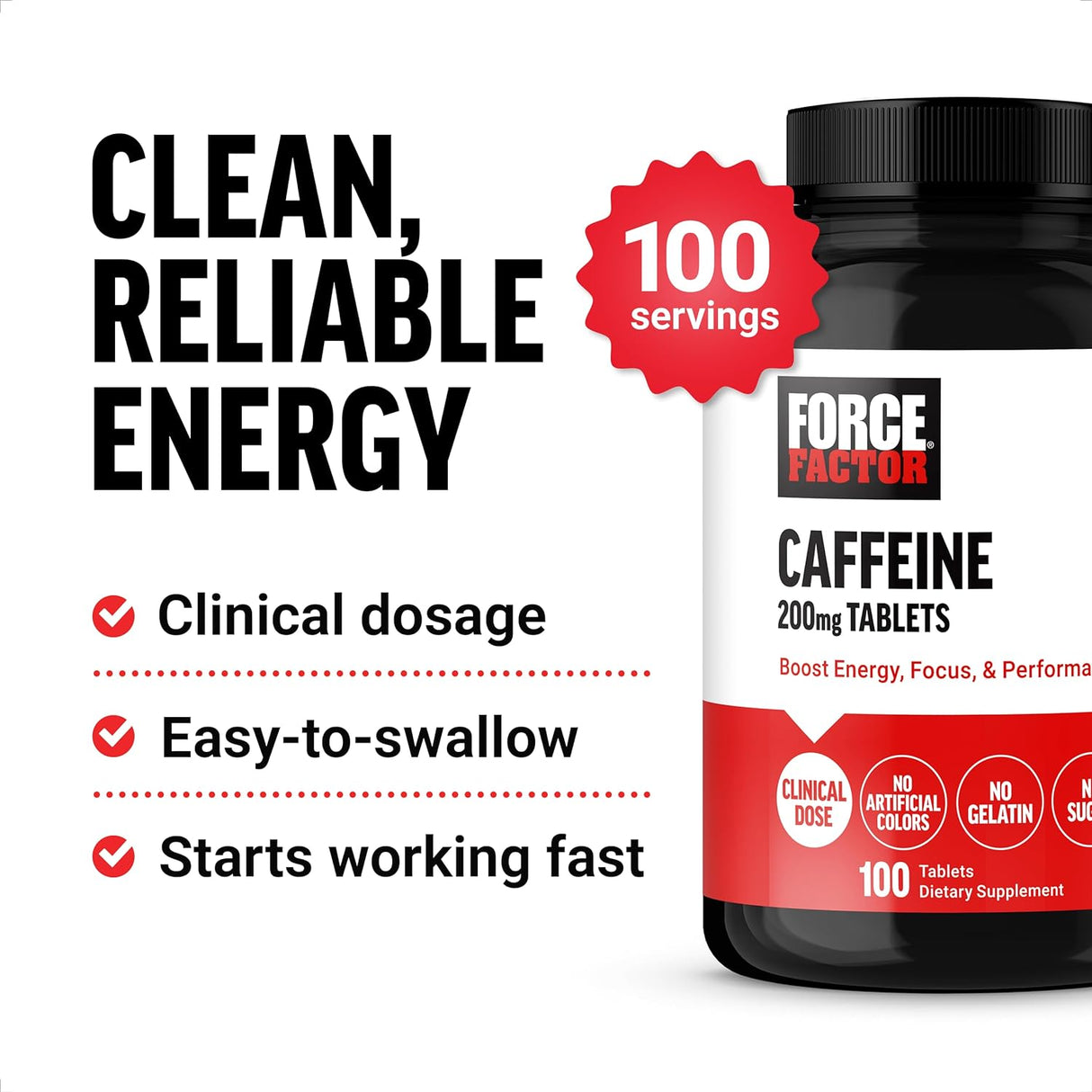 Force Factor Caffeine Pills 200Mg. 100 Tabletas