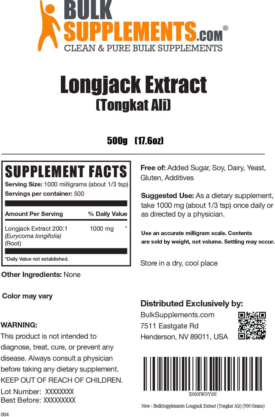 BulkSupplements Longjack Extract Powder Tongkat Ali Extract 1000Mg. 500G.