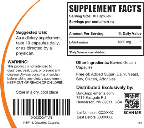 BULKSUPPLEMENTS L-Glutamine Capsules 5000Mg. 240 Capsulas