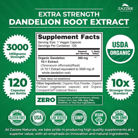 Zazzee USDA Organic Dandelion Root 10:1 Extract 120 Capsulas
