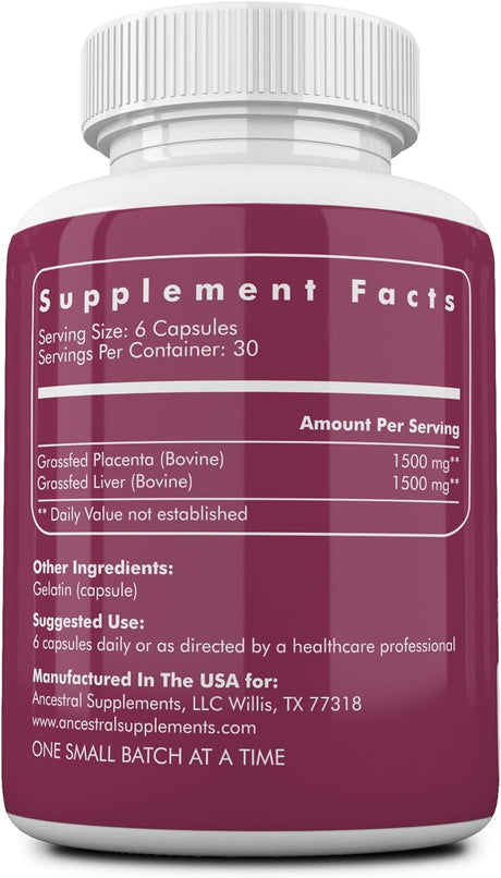 Ancestral Supplements Grass Fed Placenta Supplement with Liver 180 Capsulas