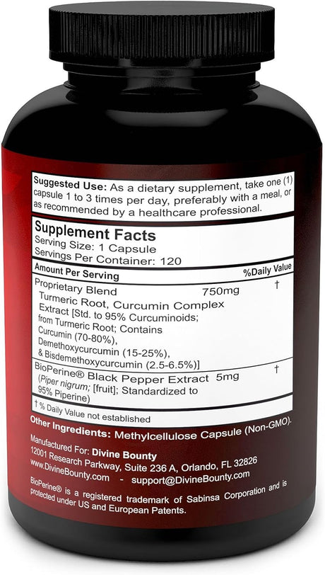Divine Bounty Turmeric Curcumin with BioPerine Black Pepper Extract 755Mg. 120 Capsulas