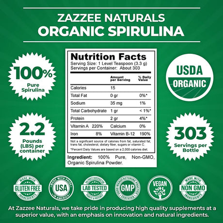 Zazzee Naturals USDA Organic Spirulina Powder 1Kg. 303 Servicios