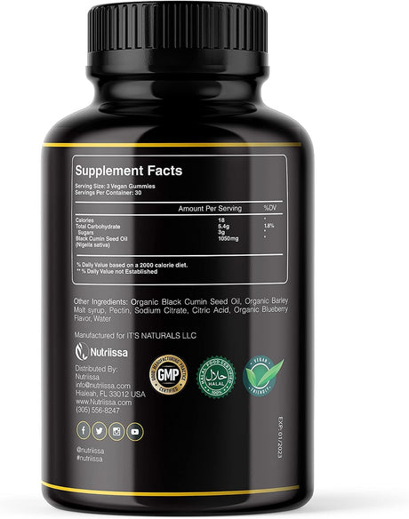 Nutriissa Organic Black Seed Oil Gummy 1050Mg. 90 Gomitas