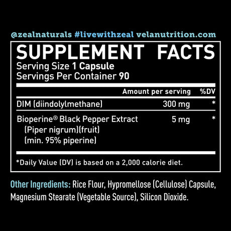 Véla DIM (Diindolylmethane) Supplement Plus Bioperine 300Mg. 90 Capsulas