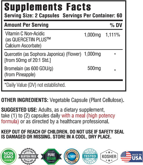 KAPPA NUTRITION Quercetin 1,000Mg. Bromelain 500Mg. and Vitamin C 1,000Mg. 120 Capsulas