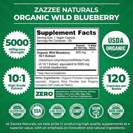Zazzee USDA Organic Wild Blueberry 10:1 Extract 5000Mg. 120 Capsulas