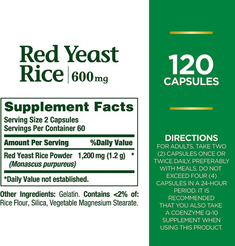 Nature's Bounty Red Yeast Rice Pills Supplement 600Mg. 120 Capsulas