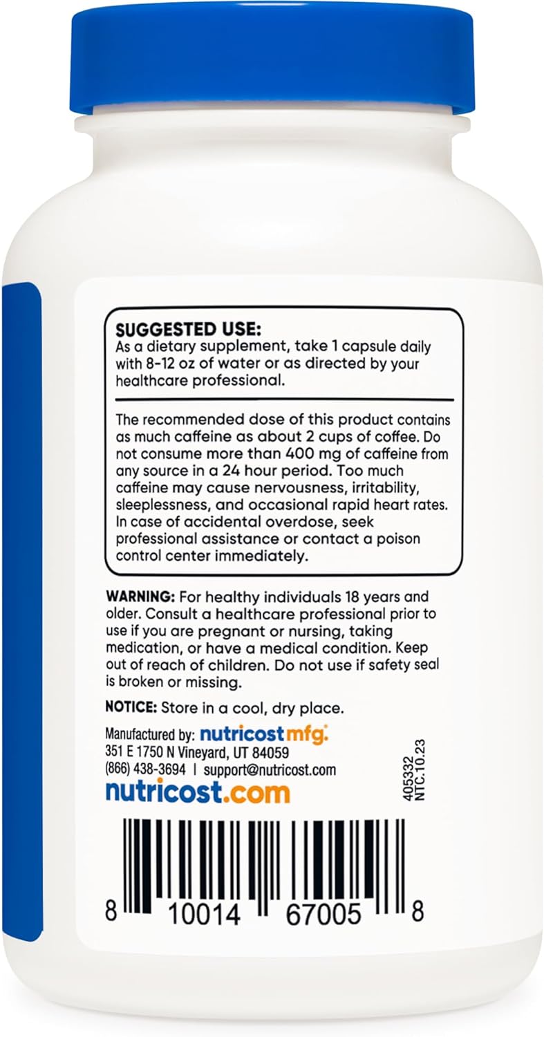 Nutricost Natural Caffeine 200Mg. 250 Capsulas
