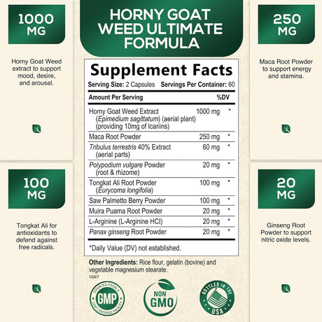 Health Nutrition Naturals Extra Strength Horny Goat Extract 120 Capsulas