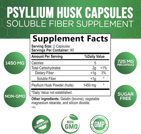 Nature's Nutrition High Absorption Psyllium Husk 1450Mg. 180 Capsulas