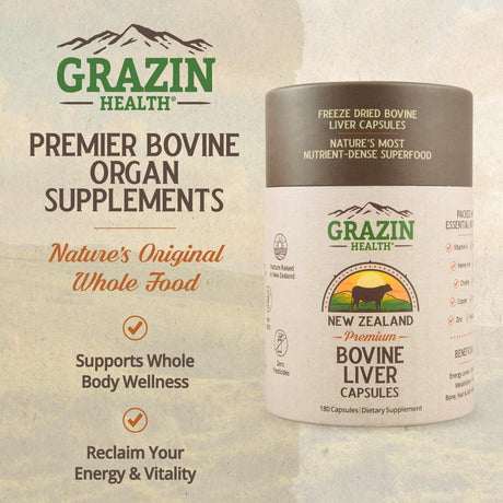 Grazin Health Grass Fed Beef Liver from New Zealand 3000Mg. 180 Capsulas